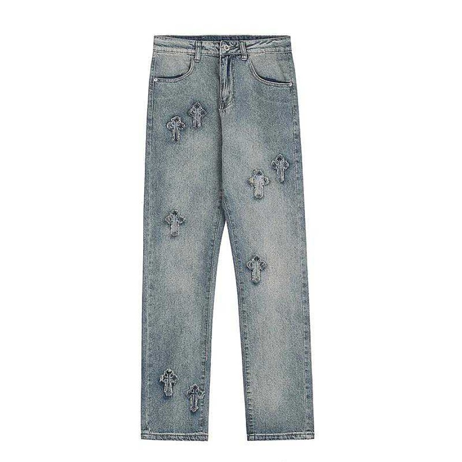 Clothing The Korean Fashion Jeans | Embroidery Cross Slim Micro Flared Jeans Blue