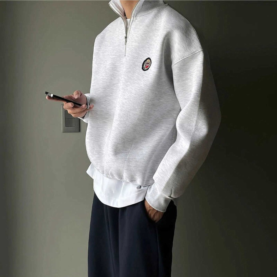 Clothing The Korean Fashion | Embroidered Half Zip Lapel Sweatshirt