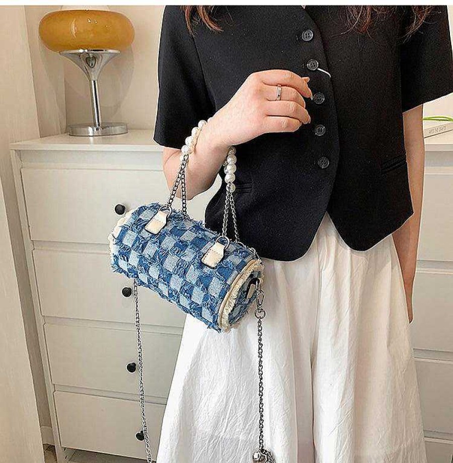 Women The Korean Fashion | Checkered Barrel Bag Blue