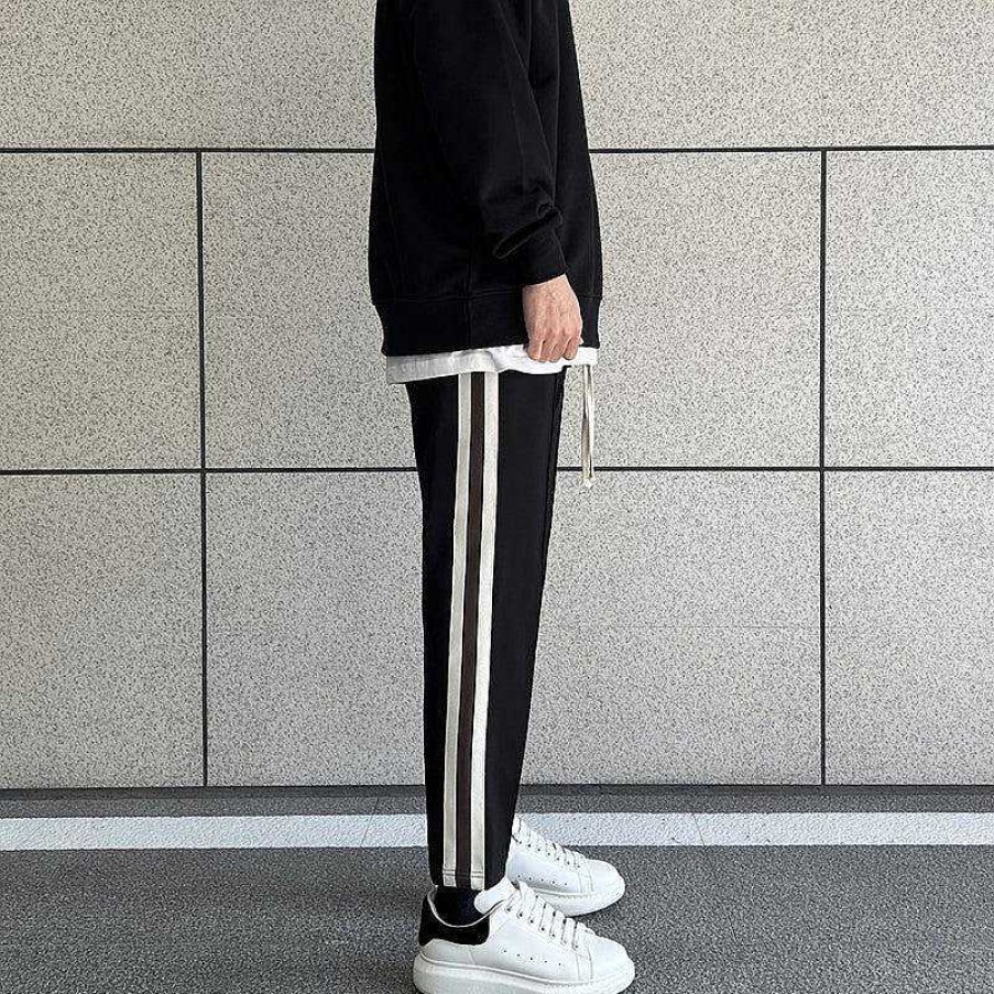 Clothing The Korean Fashion Slim Fit | Side White And Brown Striped Casual Pants Black