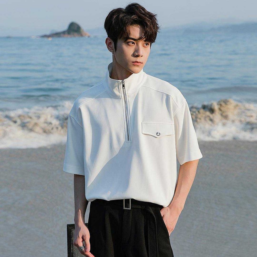 Clothing The Korean Fashion | Pleated Half-Zip Polo T-Shirt