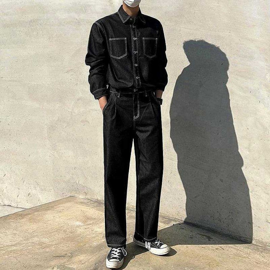 Clothing The Korean Fashion | Black Denim Shirt & Jeans Black Shirt + Black Pants