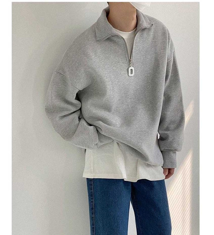 Clothing The Korean Fashion | Zipper Stand Collar Sweatshirt Grey