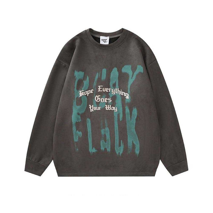 Clothing The Korean Fashion | Retro Letter Graffiti Suede Round Neck Sweatshirt