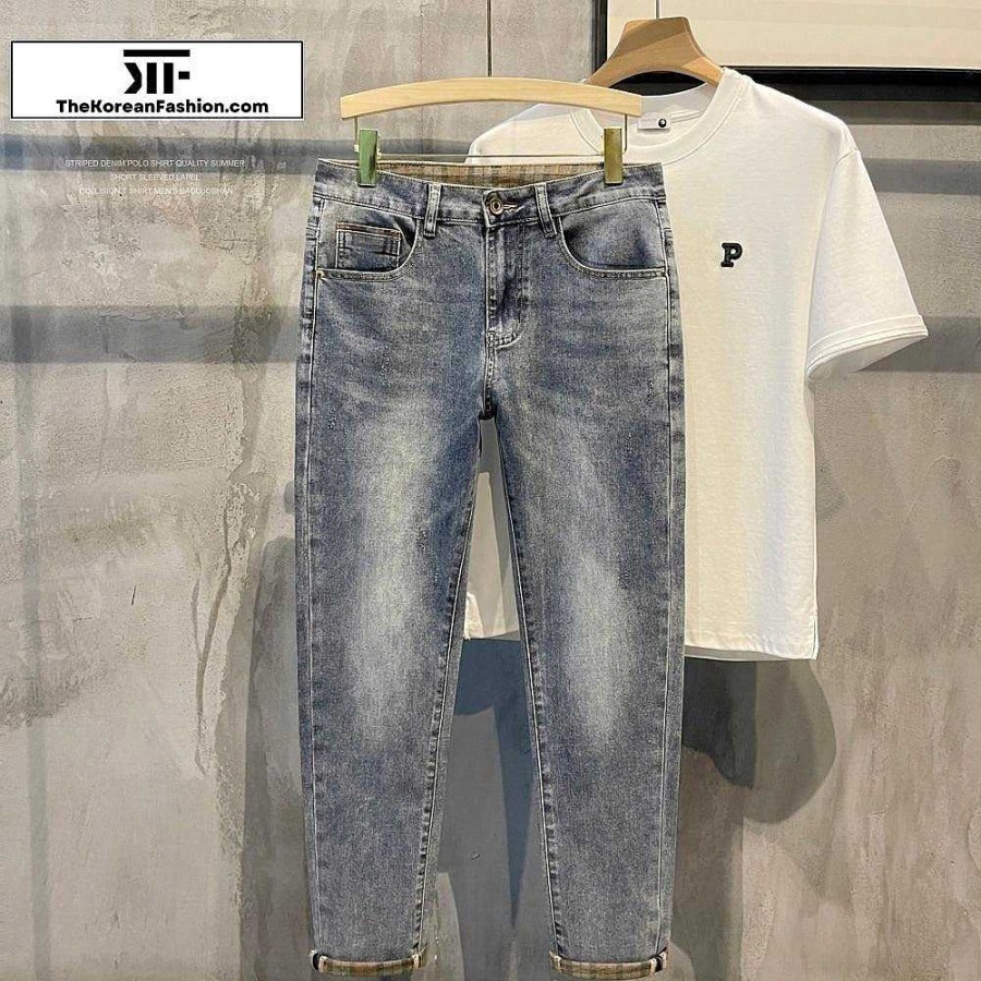 Clothing The Korean Fashion Jeans | Slim-Fit Plaid Jeans Light Blue