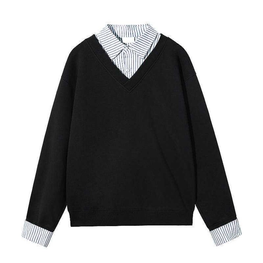 Clothing The Korean Fashion | Two-Piece Striped V-Neck Sweatshirt