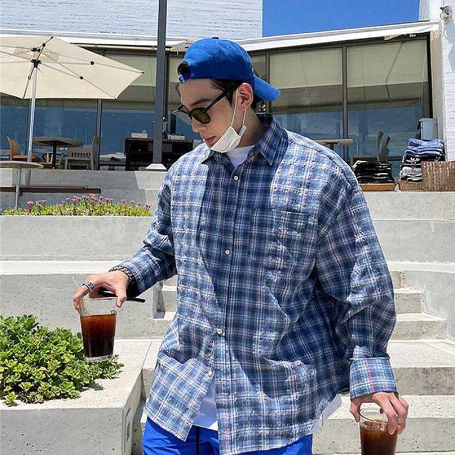 Clothing The Korean Fashion | Loose-Fit Long-Sleeved Plaid Shirt