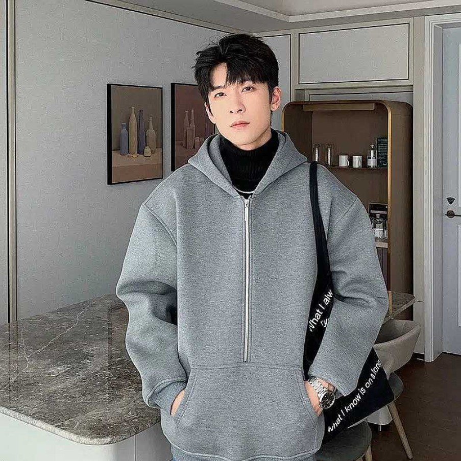 Clothing The Korean Fashion | Basic Half-Zip Hooded Sweatshirt