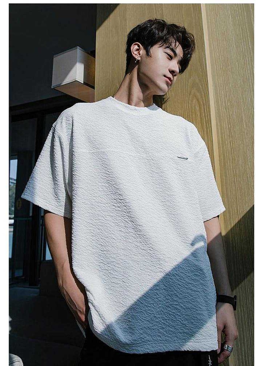 Clothing The Korean Fashion | Round Neck Crinkled Textured T-Shirt