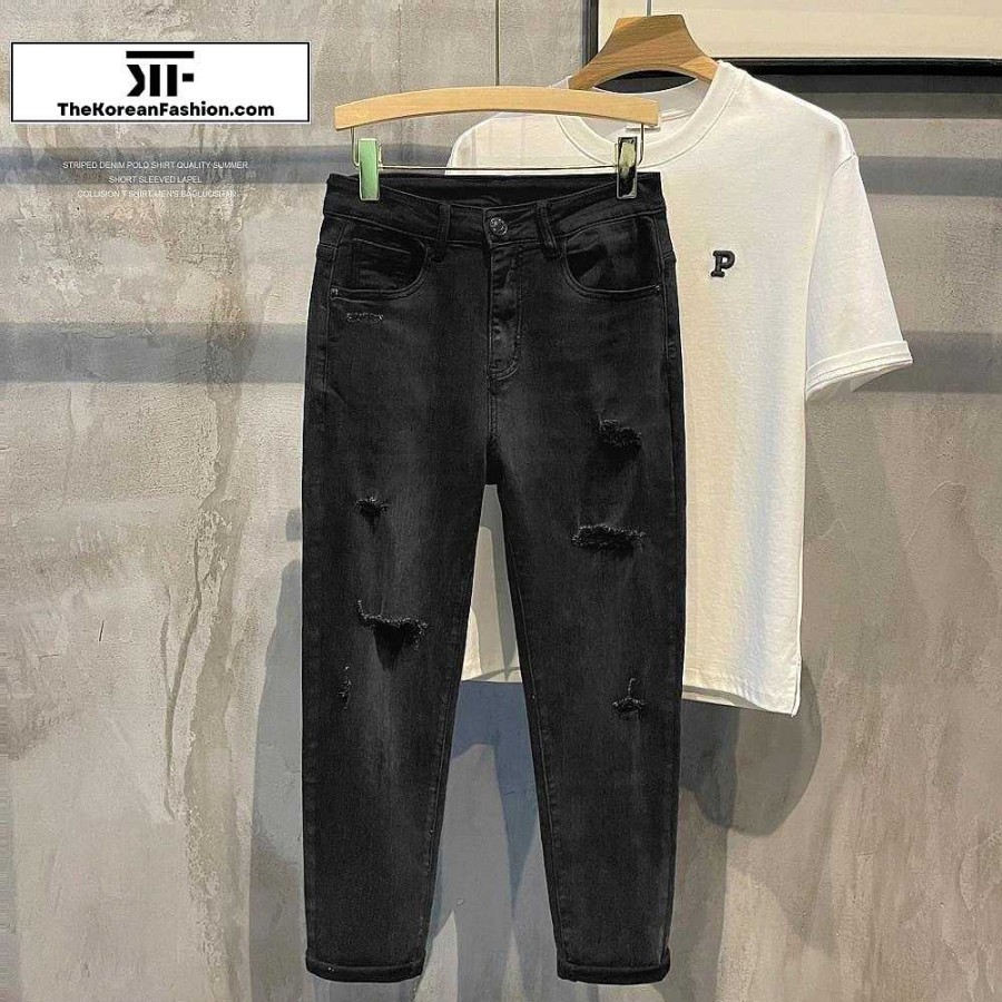 Casual Style Clothes The Korean Fashion | Slim Feet Washed Ripped Jeans Black