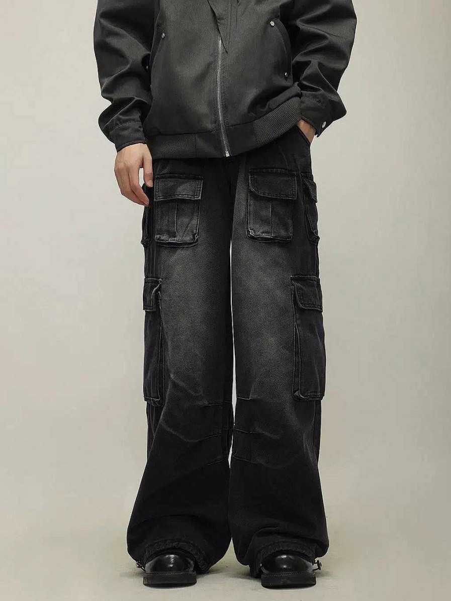 Clothing The Korean Fashion Jeans | Multi-Pocket Wide-Leg Cargo Jeans Retro Black