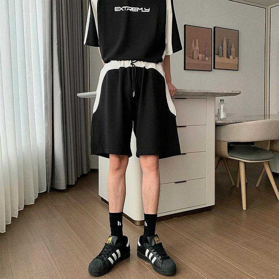 Clothing The Korean Fashion | Black Colorblock T-Shirt & Track Shorts Black T-Shirt + Black Shorts