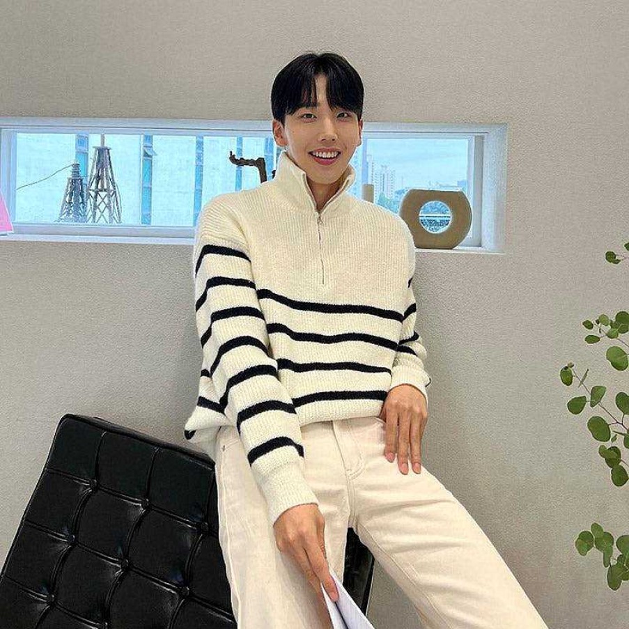 Clothing The Korean Fashion | Striped High Collar Knit Jacket White