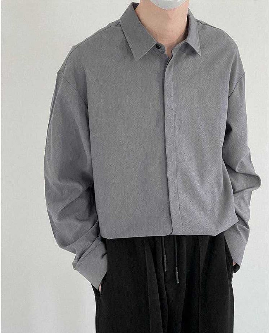 Clothing The Korean Fashion | Basic Casual Long-Sleeved Shirt Grey Blue