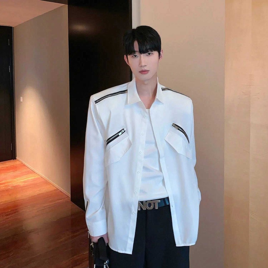 Clothing The Korean Fashion | Zipper Splicing Design Lapel Shirt