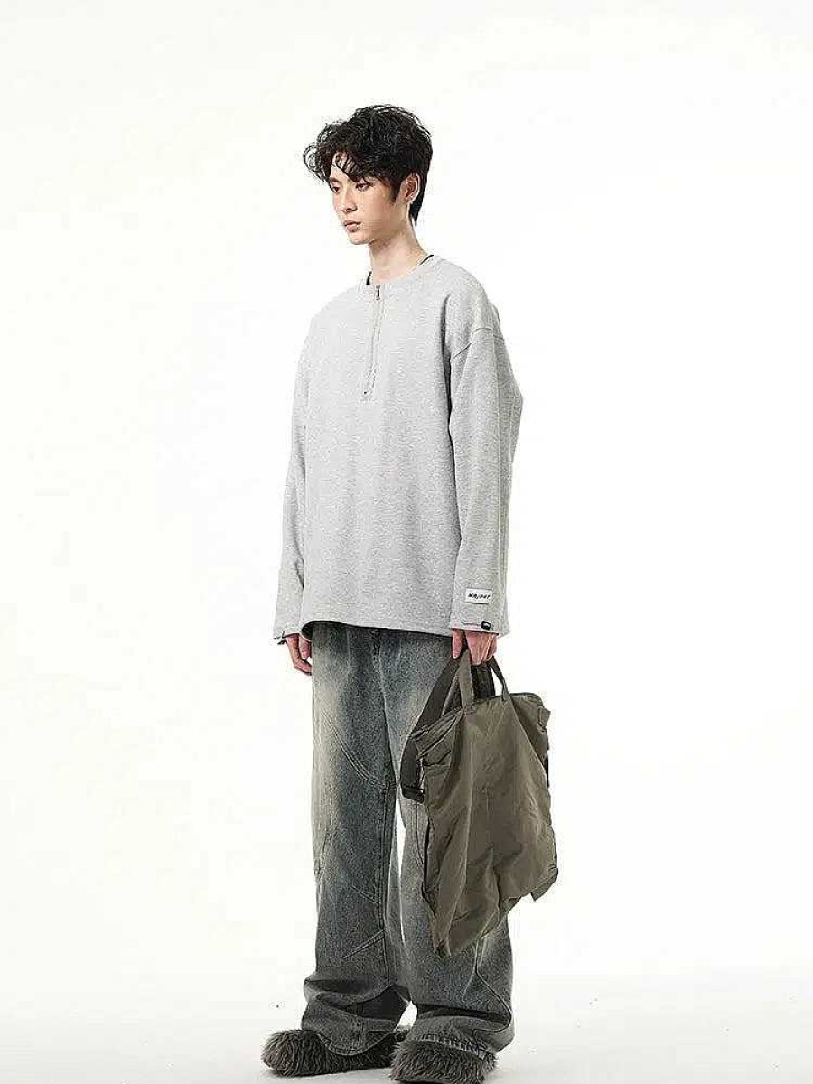 Clothing The Korean Fashion | Half-Zip Casual Sweatshirt Grey