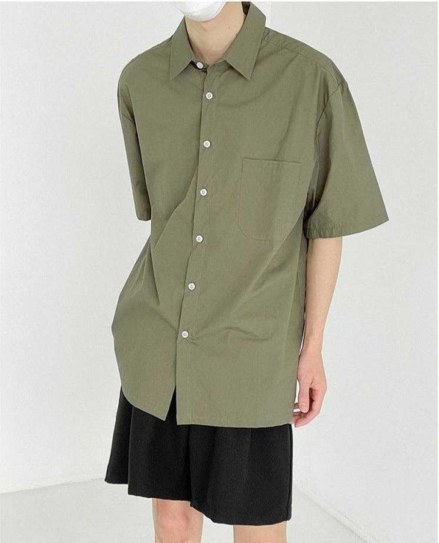 Clothing The Korean Fashion | Retro Casual Mid-Sleeve Shirt Armygreen