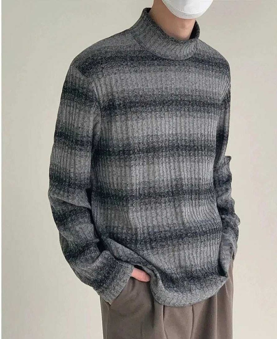 Clothing The Korean Fashion | Half-Turtle Striped Bottoming Shirt Gray