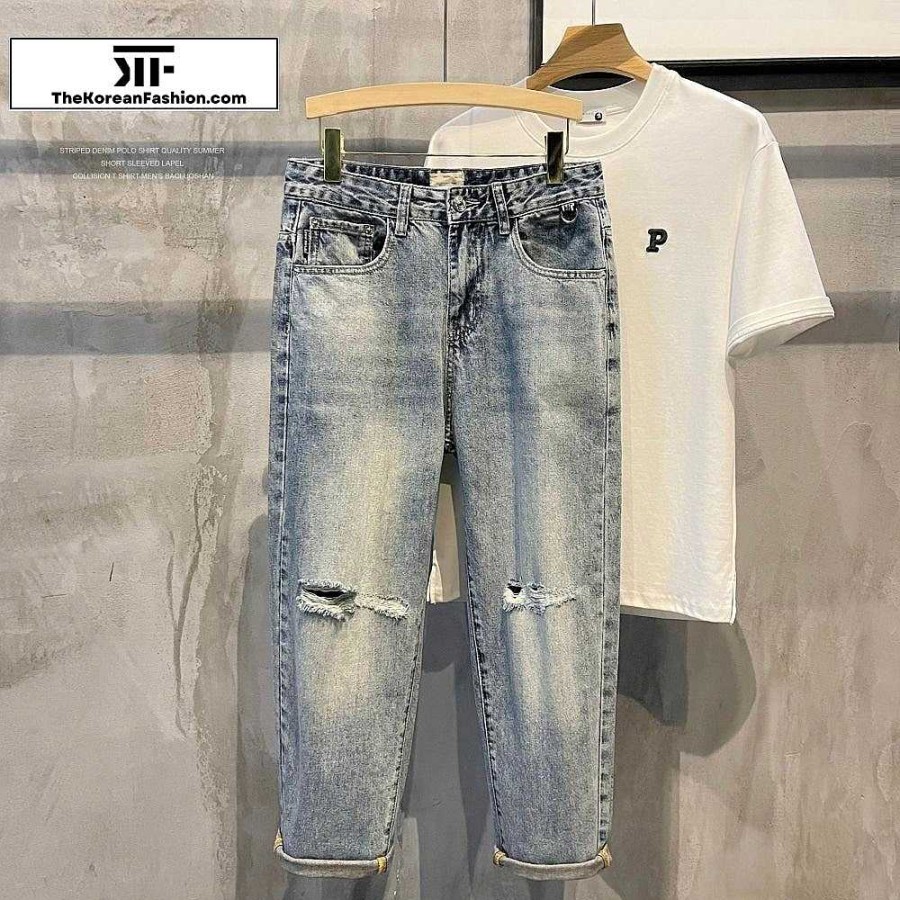 Clothing The Korean Fashion Jeans | Ripped Non-Stretch Casual Jeans Blue