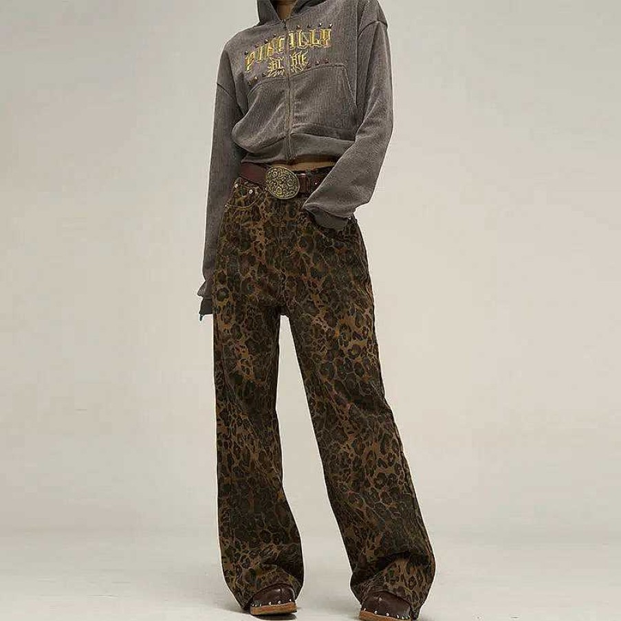 Clothing The Korean Fashion Jeans | Retro Leopard Print Jeans Brown