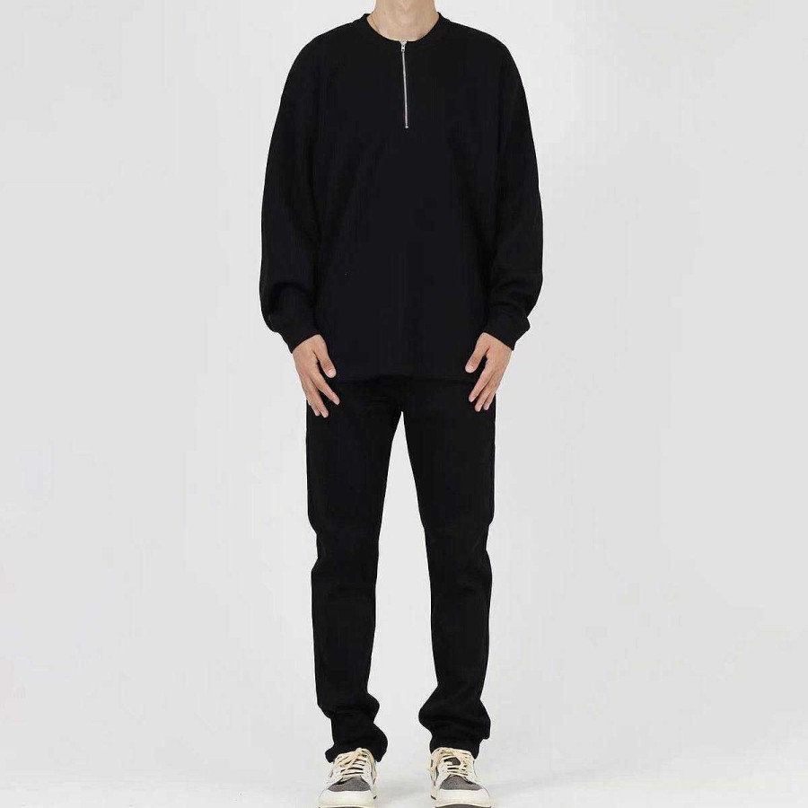 Clothing The Korean Fashion | Waffle Half-Zip Round Neck Sweatshirt