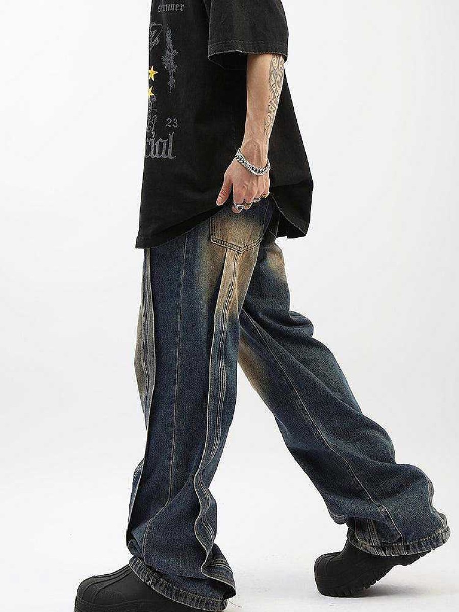 Clothing The Korean Fashion Jeans | Elastic Waist Straight Wide Leg Stitching Jeans