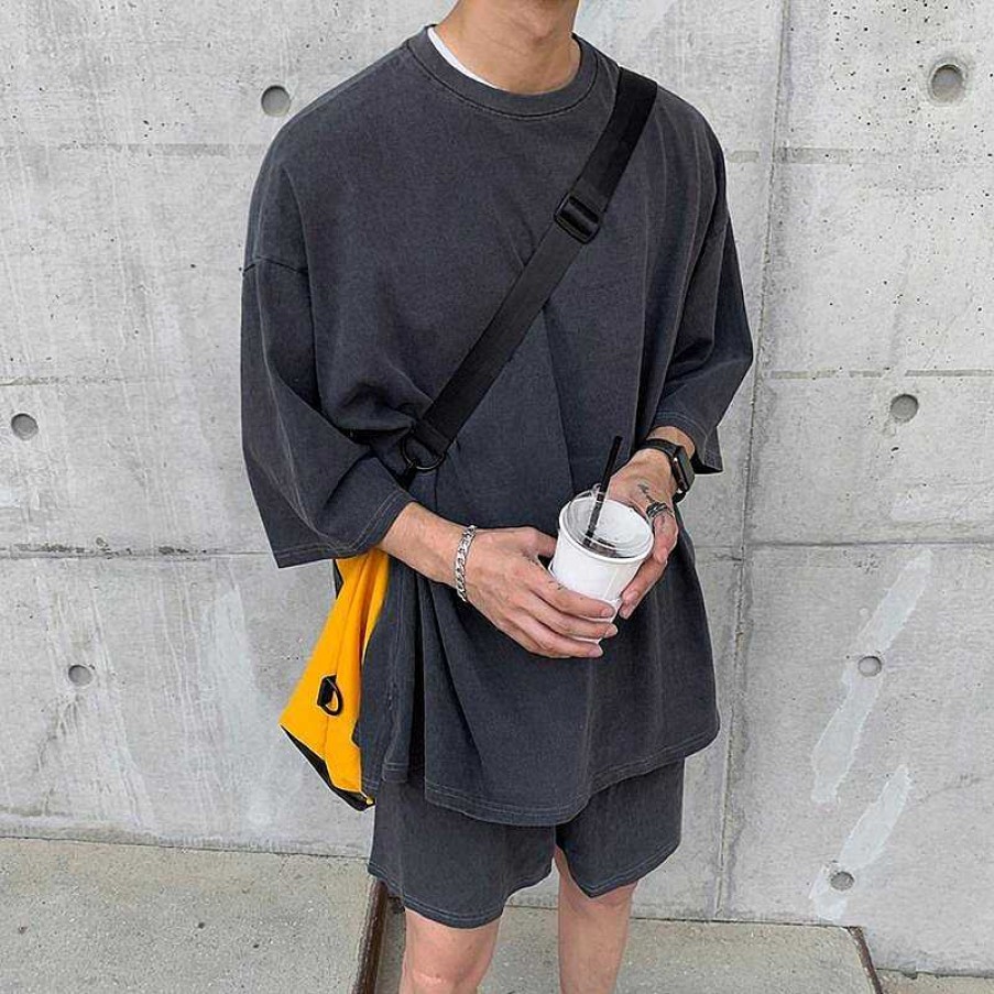 Clothing The Korean Fashion | Washed Oversized Half-Sleeved Shirt Gray