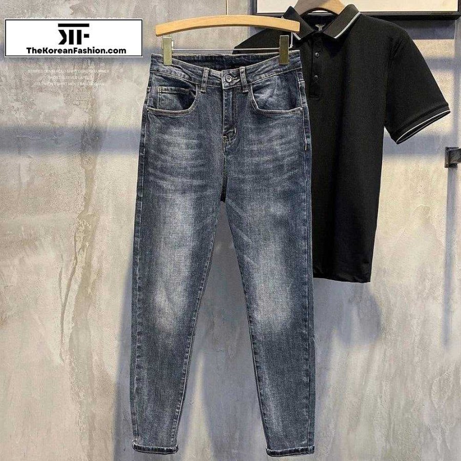 Casual Style Clothes The Korean Fashion | Dark Washed Slim Fit Jeans Blue