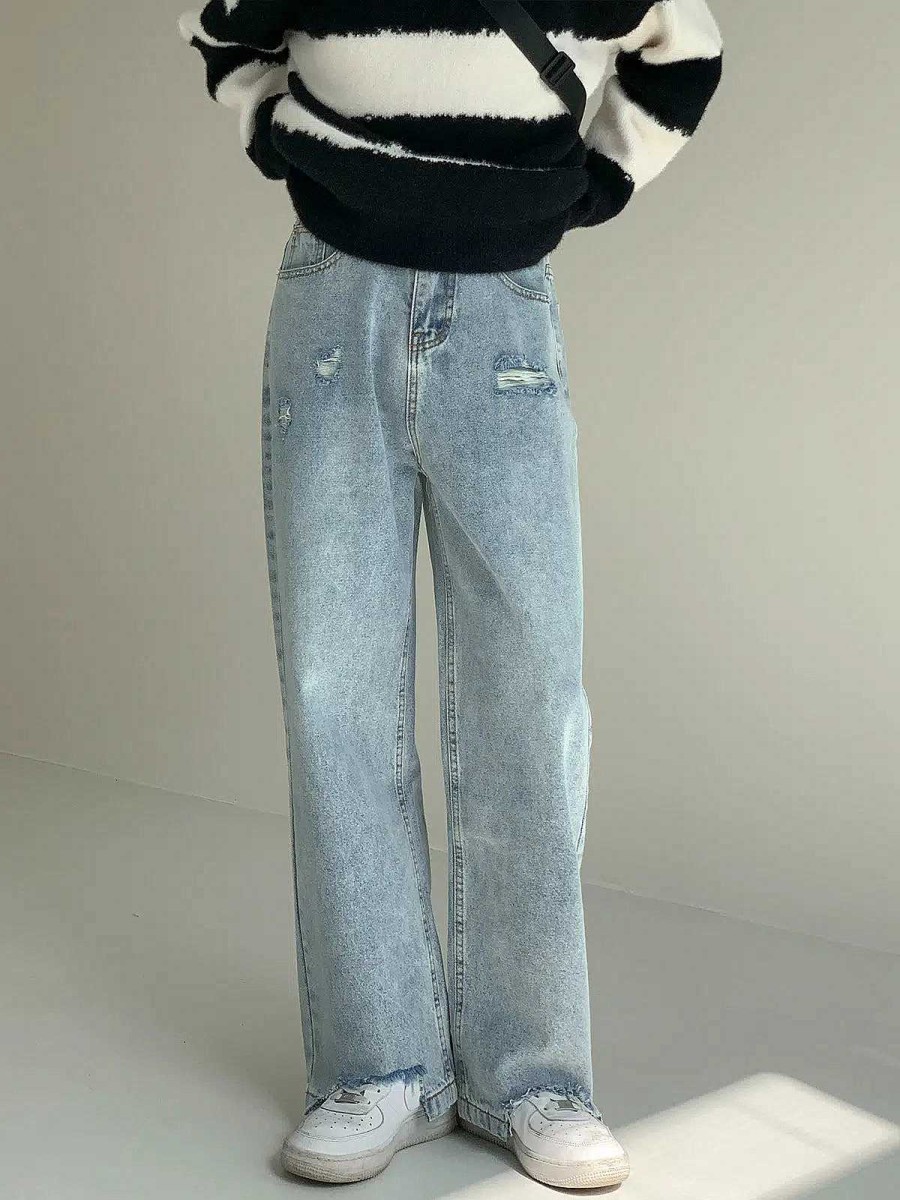 Clothing The Korean Fashion Jeans | Ripped Straight Blue Casual Pants Light Blue