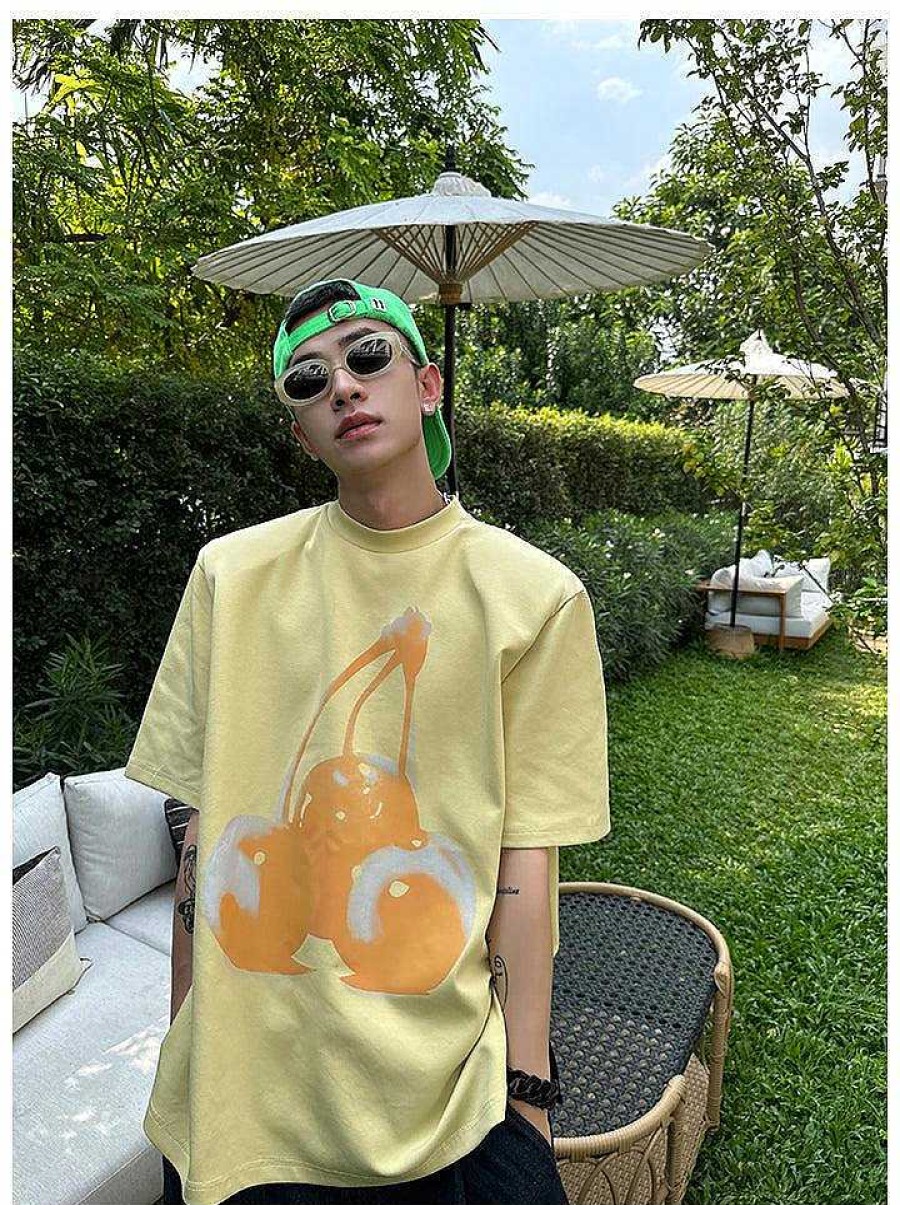 Clothing The Korean Fashion | Round Neck Cherry Printed T-Shirt Yellow