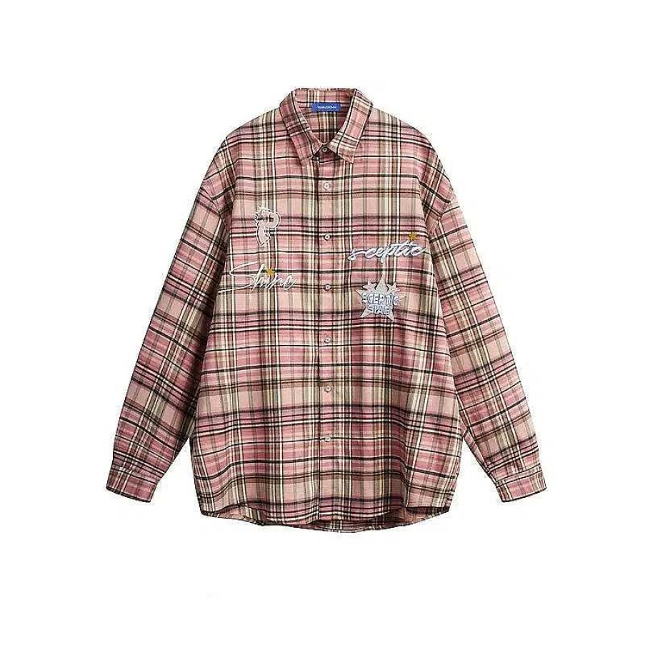 Clothing The Korean Fashion | Thin Simple Embroidered Plaid Shirt Pink