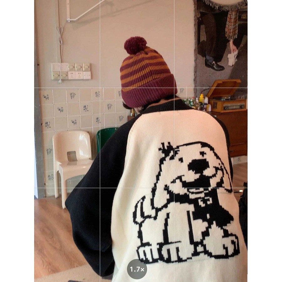 Clothing The Korean Fashion | Stand-Up Collar Puppy Printed Knitted Cardigan Off White