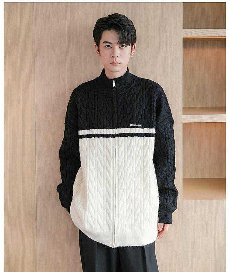 Clothing The Korean Fashion | Stitching Contrasting Zipper Cardigan Sweater