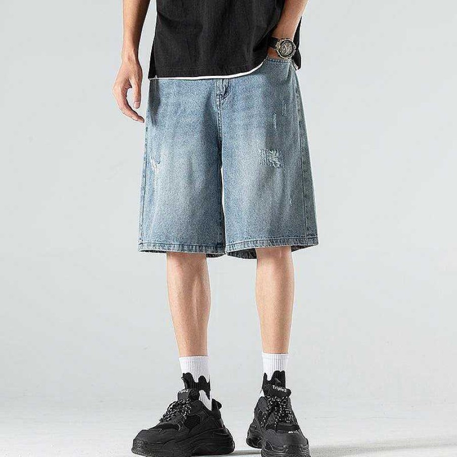 Clothing The Korean Fashion Shorts | Washed Thin Denim Shorts Blue