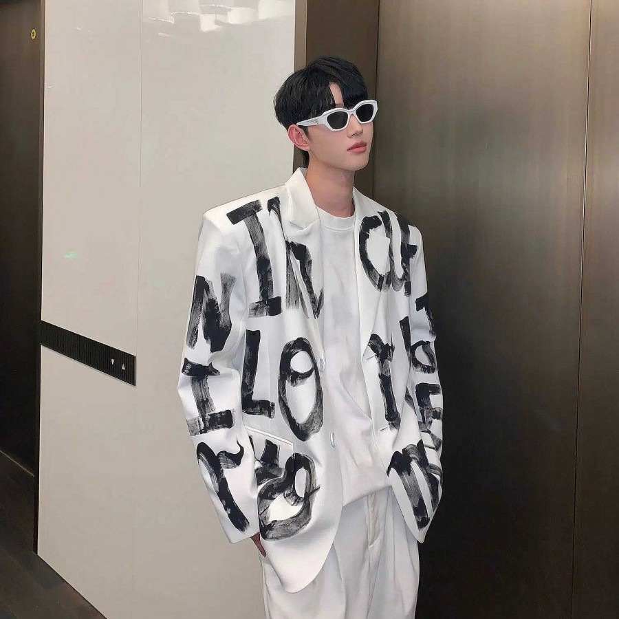 Clothing The Korean Fashion | Hand-Painted Graffiti Blazer With Shoulder Pads White