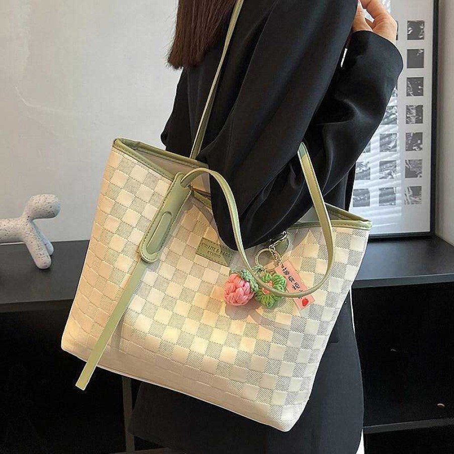 Women The Korean Fashion | Faux Leather Plaid Tote Bag