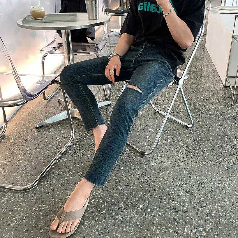 Clothing The Korean Fashion Jeans | Slim Fit Stretch Ripped Jeans Navy Blue