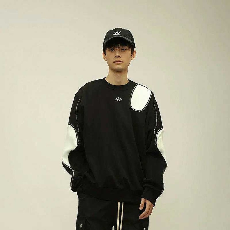 Clothing The Korean Fashion | And White Splicing Contrasting Sweatshirt Black