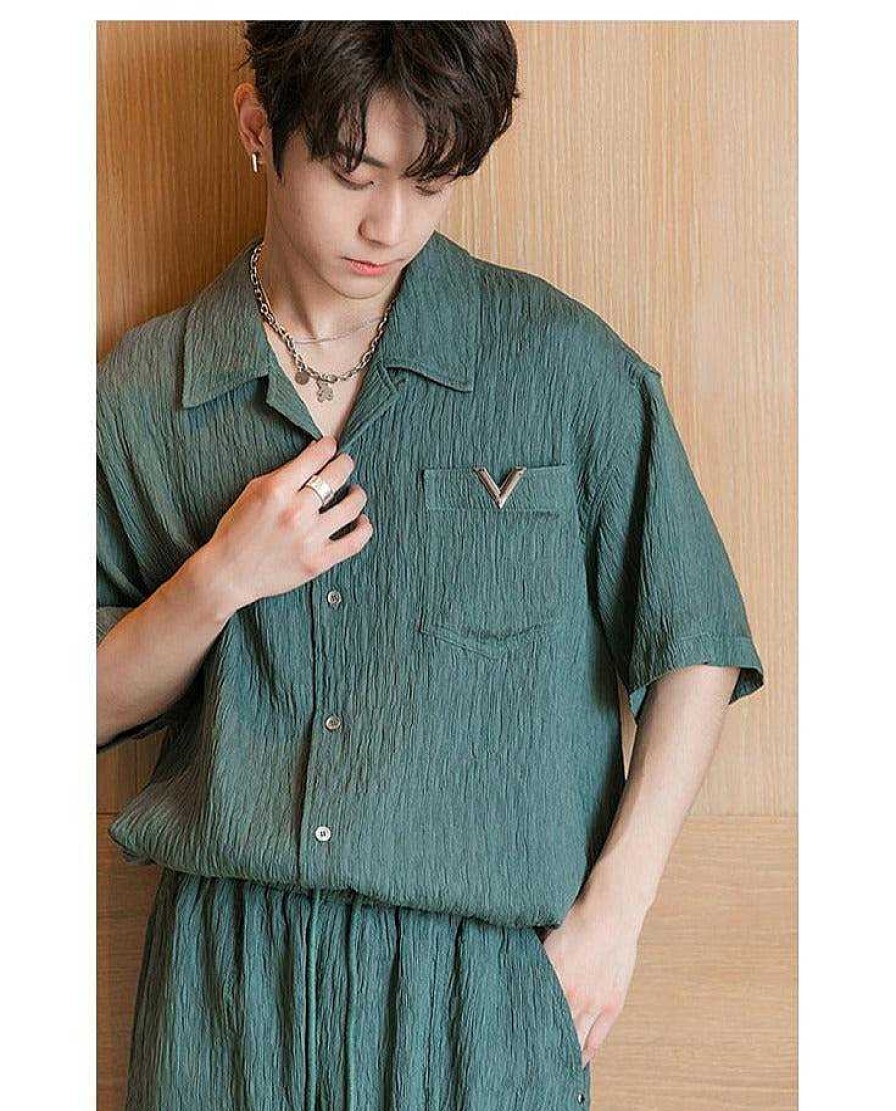 Clothing The Korean Fashion | Crushed Textured Short Sleeve Shirt & Shorts