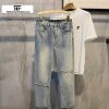 Clothing The Korean Fashion Jeans | Elastic Waist Torn Edges Design Jeans