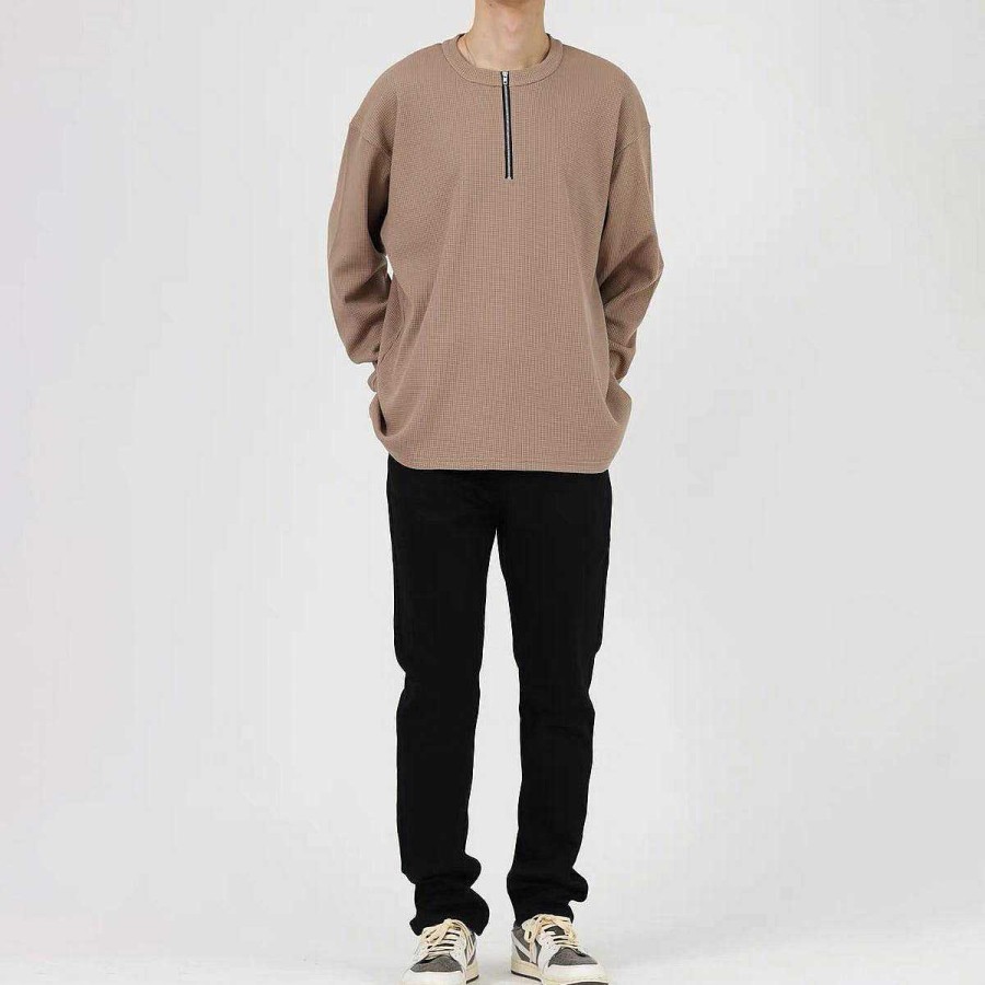 Clothing The Korean Fashion | Waffle Half-Zip Round Neck Sweatshirt