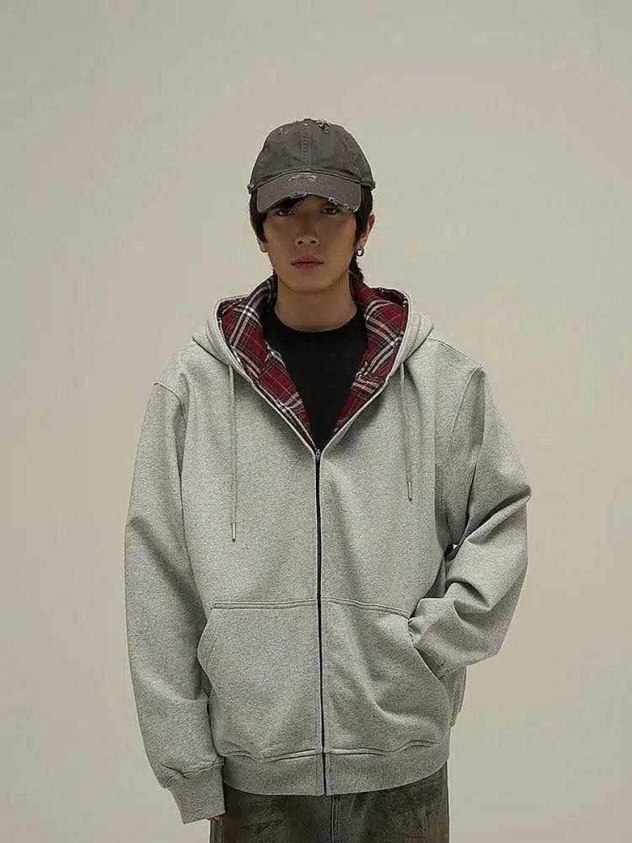 Clothing The Korean Fashion | Red Plaid Double Hood Zipper Sweatshirt Grey