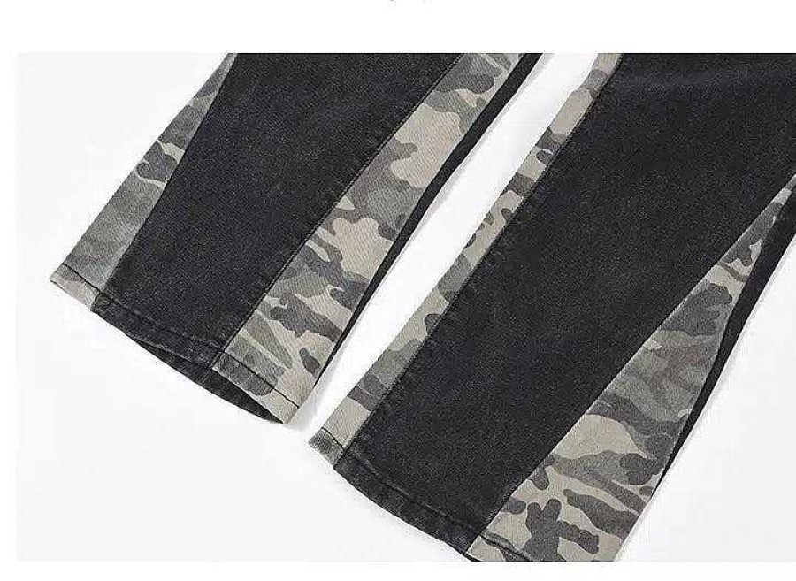 Clothing The Korean Fashion Jeans | Washed Distressed Splicing Camouflage Jeans Washed Black