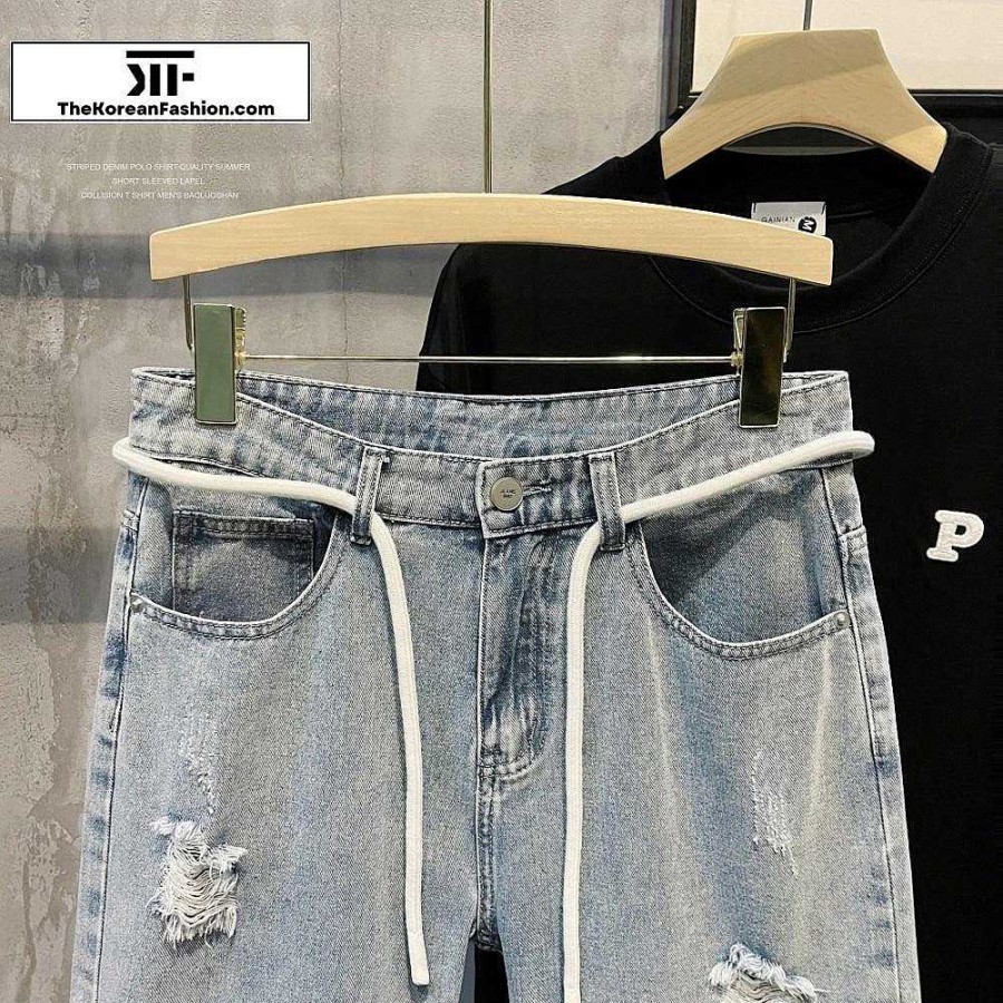 Clothing The Korean Fashion Shorts | Ripped Rope Denim Shorts Blue