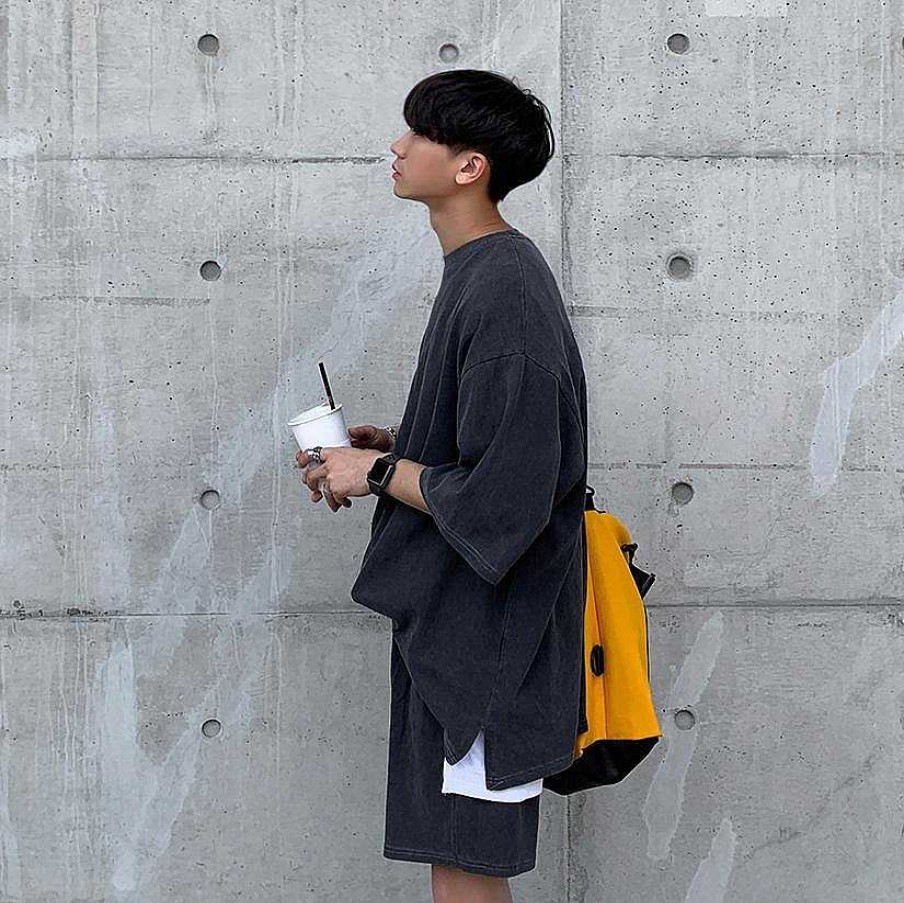 Clothing The Korean Fashion | Washed Oversized Half-Sleeved Shirt Gray