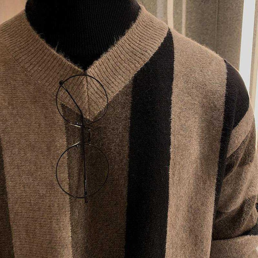 Clothing The Korean Fashion | V Neck Striped Sweater Brown