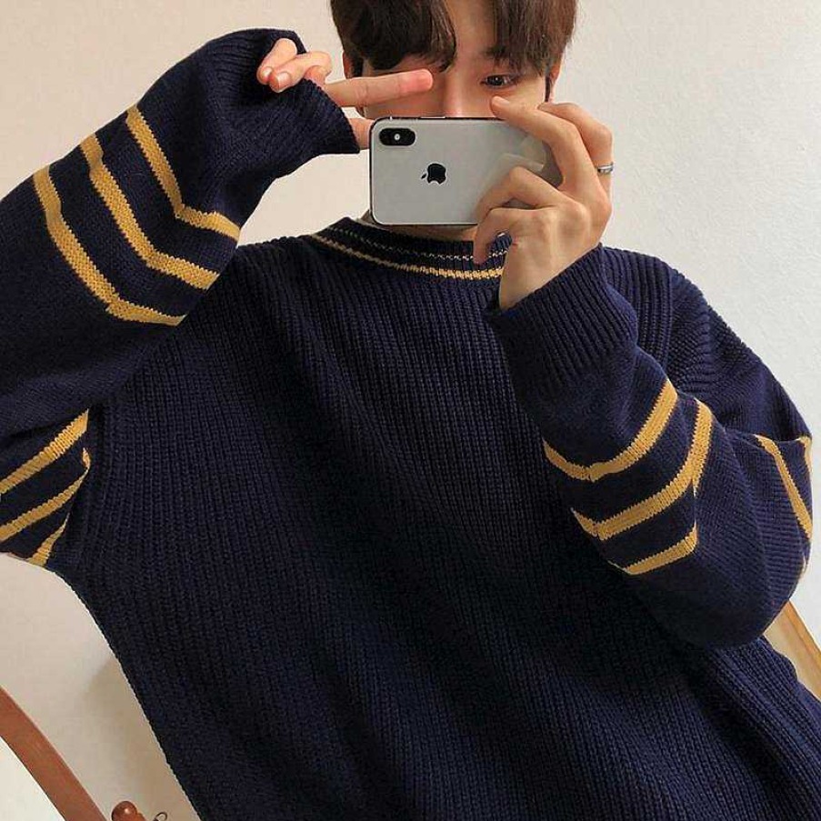 Clothing The Korean Fashion | Casual Stripe Sweater Navy