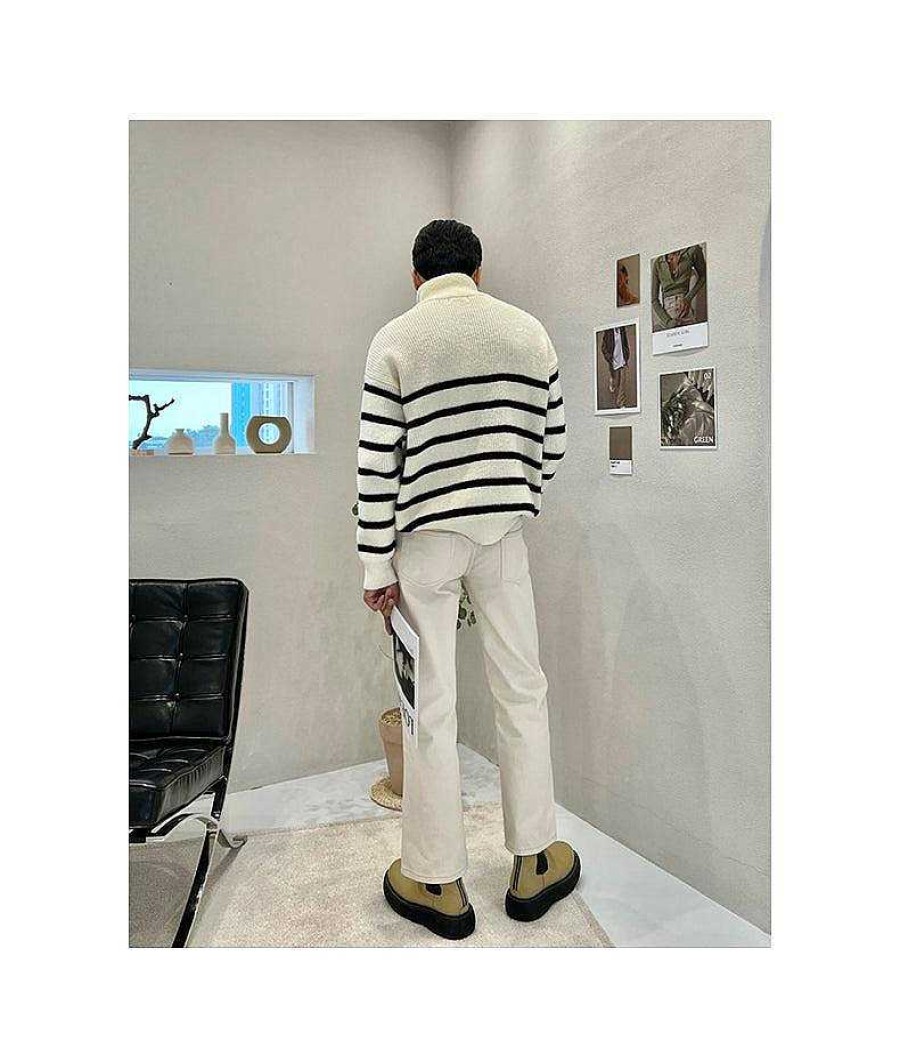 Clothing The Korean Fashion | Striped High Collar Knit Jacket White