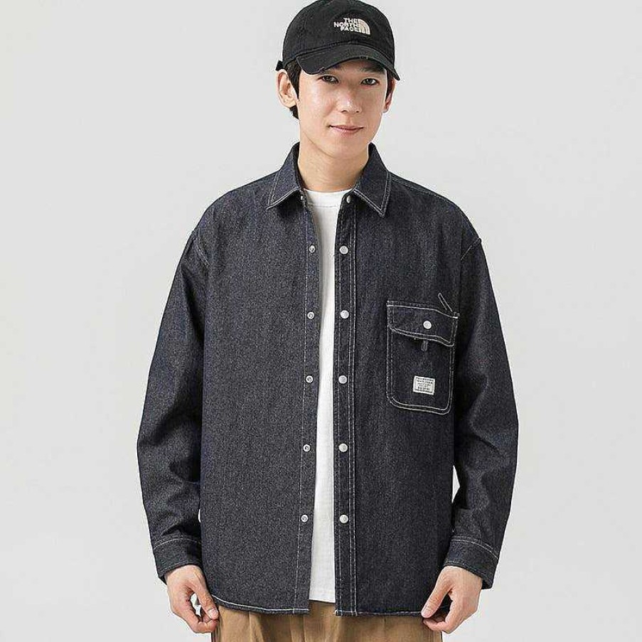 Clothing The Korean Fashion | Long Sleeve Denim Overshirt Dark Blue