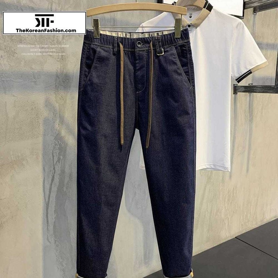 Clothing The Korean Fashion Jeans | Drawstring Elastic Waist Basic Jeans Denim Blue